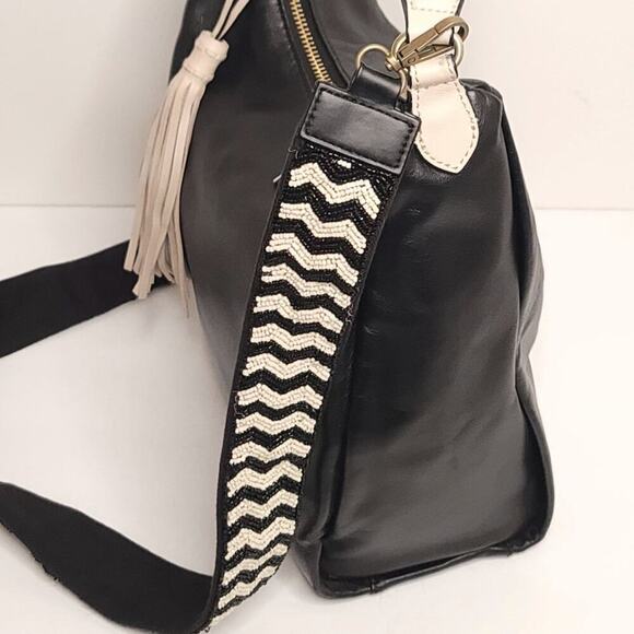 Etienne Aigner Ava Leather Hobo In Black +Anthropologie Chevron Beaded Bag Strap - Picture 10 of 12